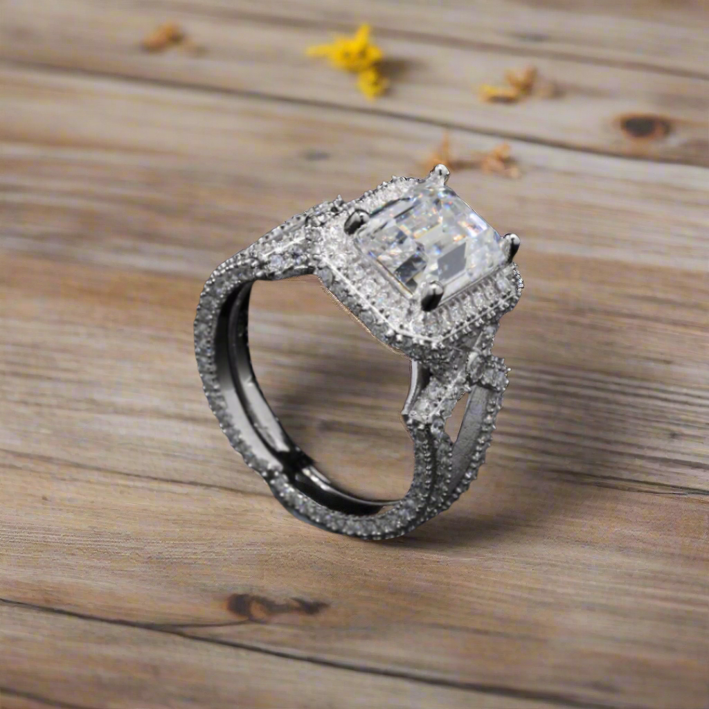 Sterling Silver Stunner Radiant Ring with Moissanite in Sterling Silver