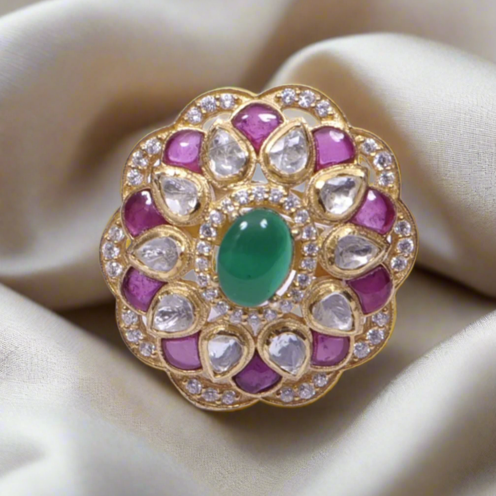 Moissanite Polki Florete Ring in Sterling Silver
