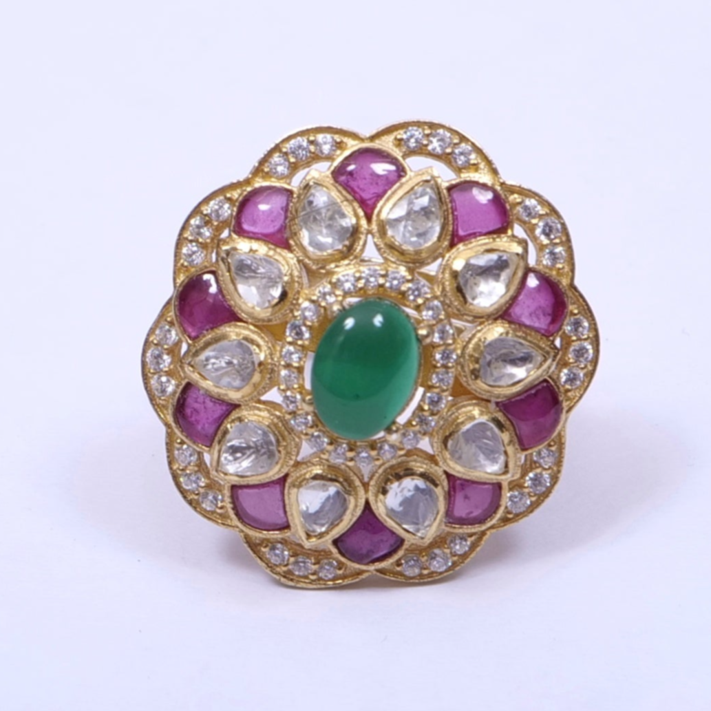 Moissanite Polki Florete Ring in Sterling Silver
