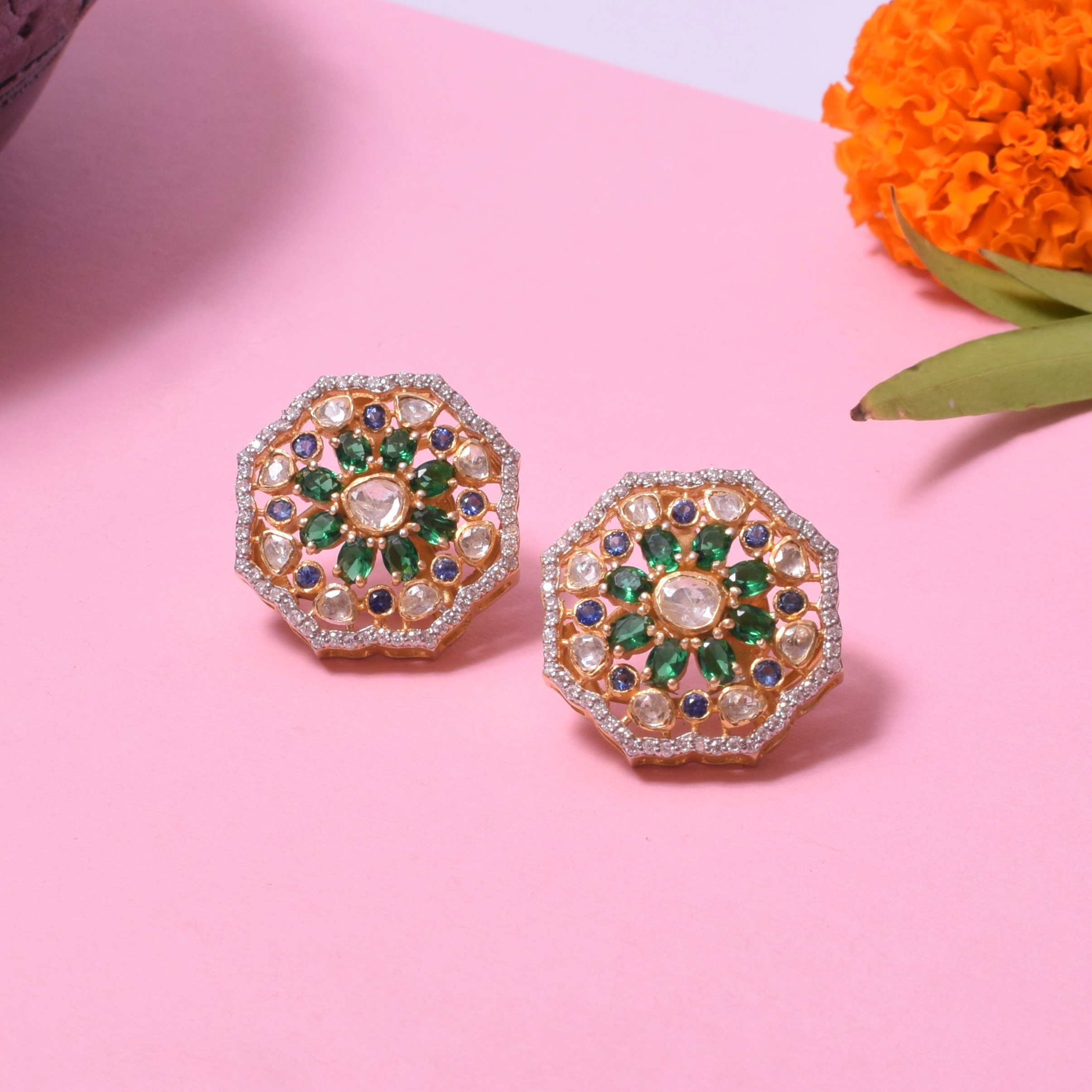 Hexagon Kundan Polki Studs Earrings