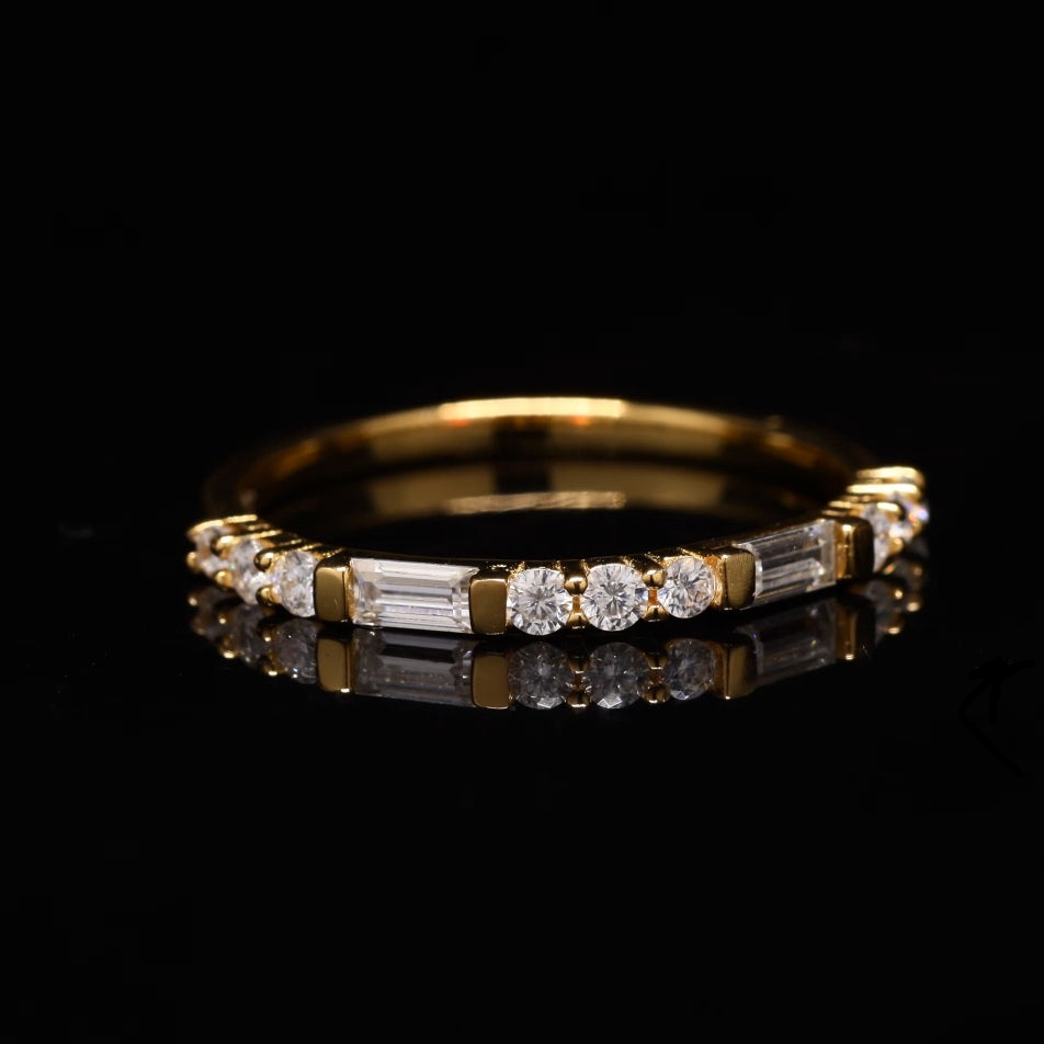Straight Baguette and Round Natural Band Ring with Moissanite and Sterling Silver