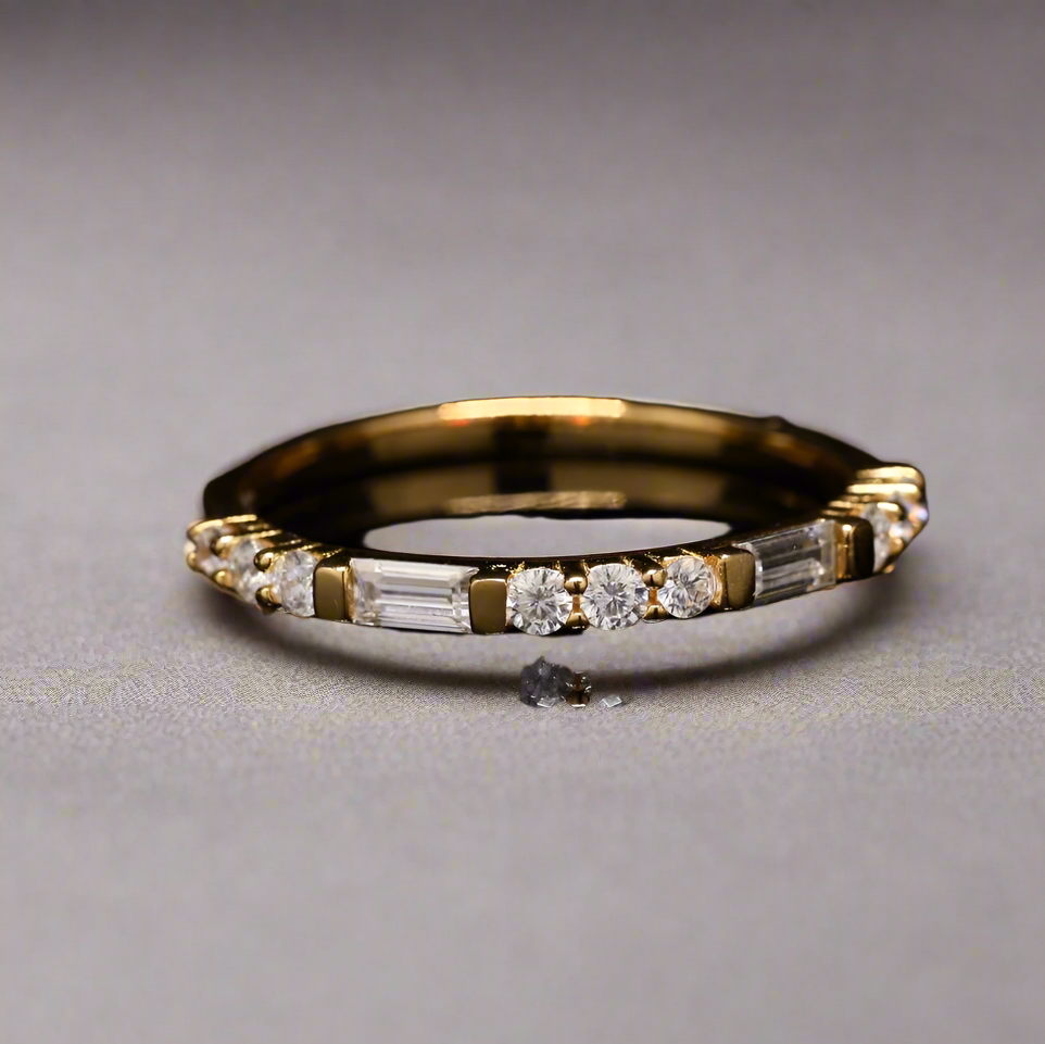 Straight Baguette and Round Natural Band Ring with Moissanite and Sterling Silver