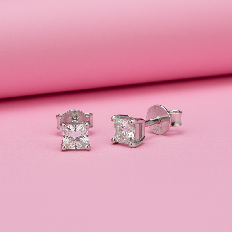 Princess Cut Moissanite Diamond Studs in 925 Sterling Silver