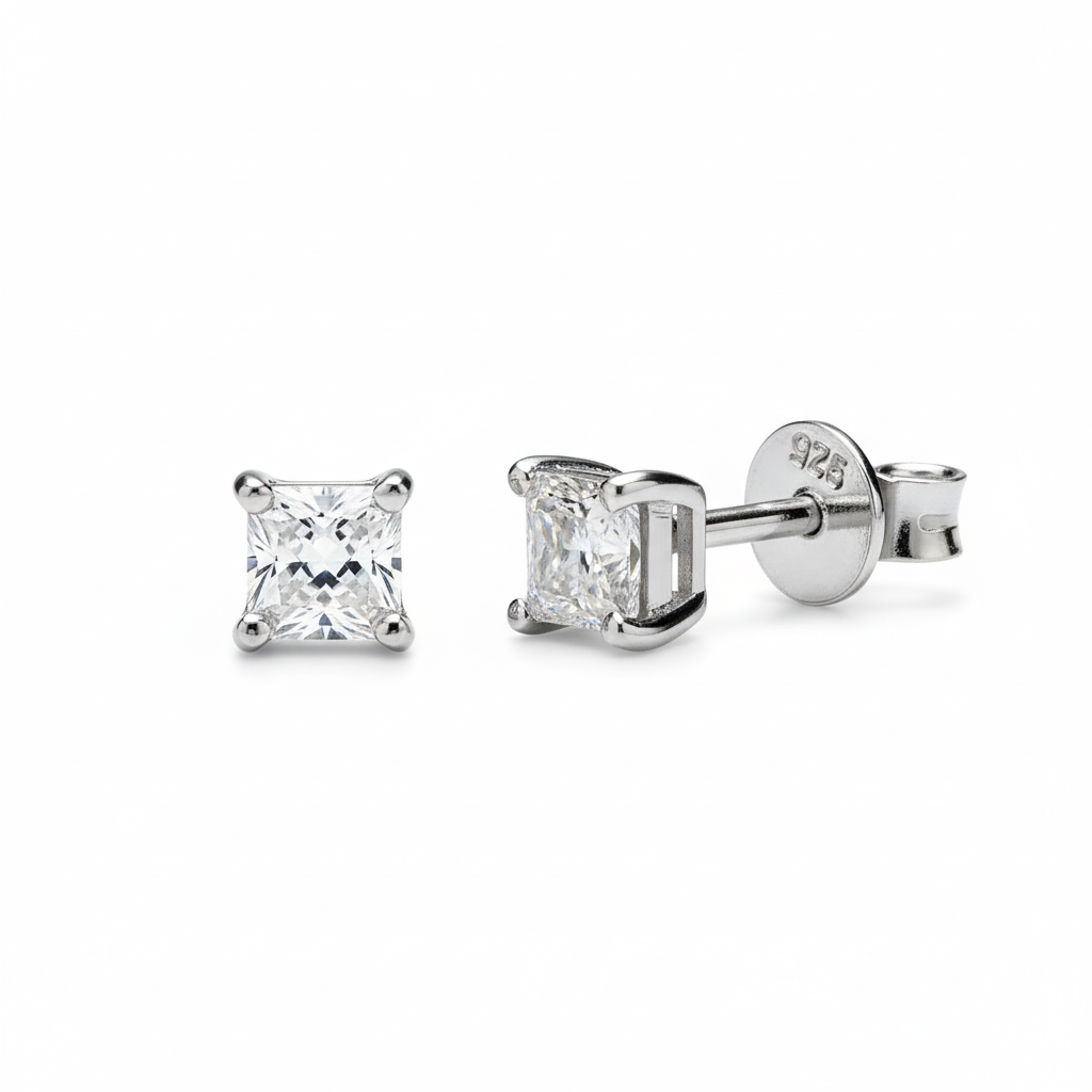 Princess Cut Moissanite Diamond Studs in 925 Sterling Silver