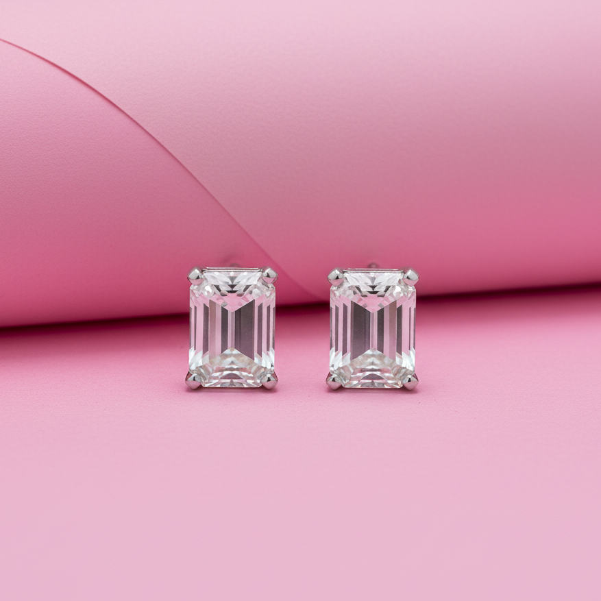 Emerald Cut Moissanite Diamond Studs in Sterling Silver