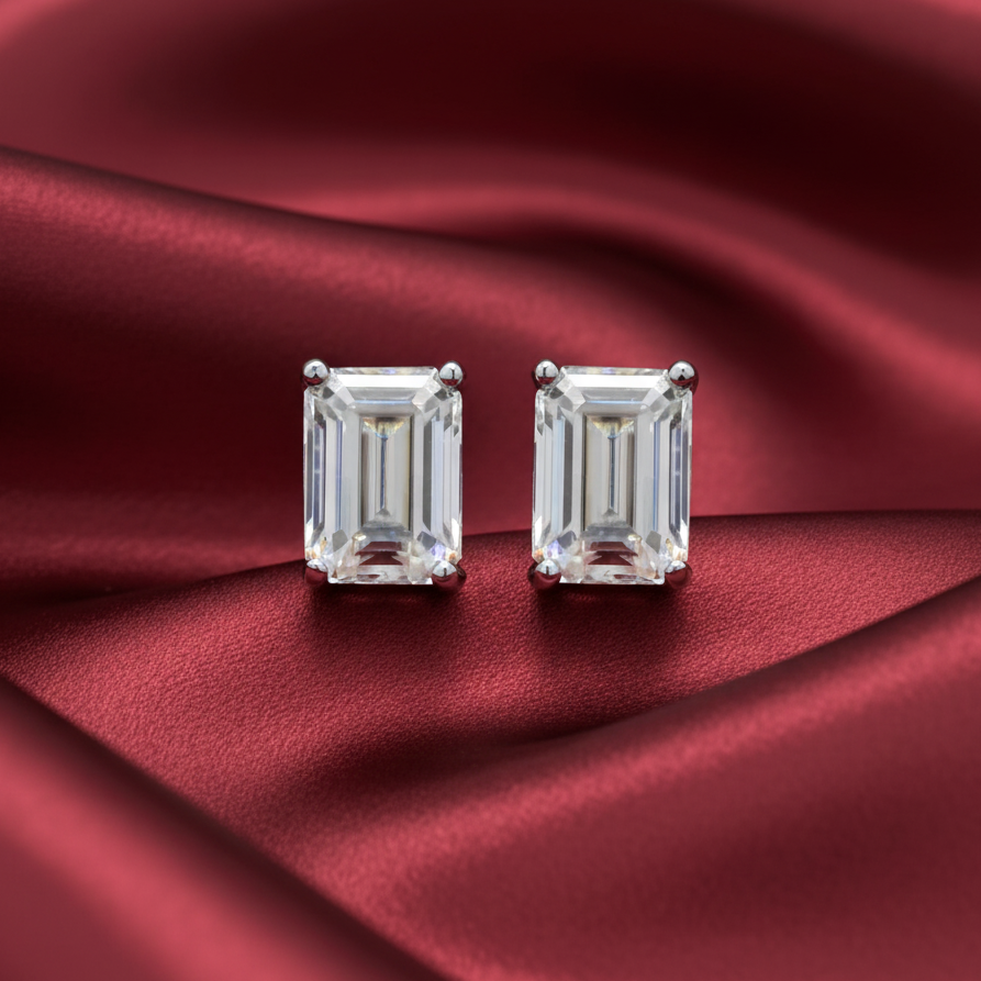 Emerald Cut Moissanite Diamond Studs in Sterling Silver