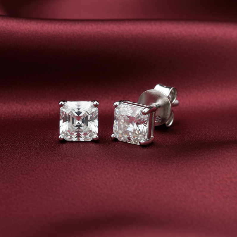 Square Moissanite Diamond Studs in Sterling SIlver