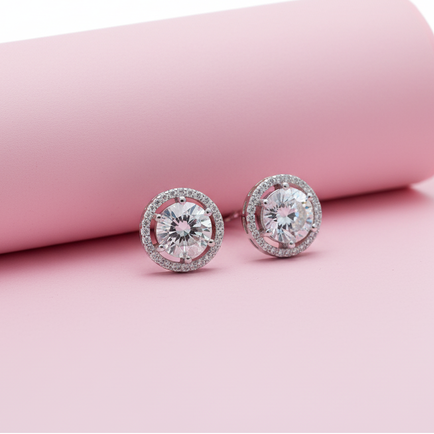 Round Brilliant Moissanite Silver Studs for daily wear