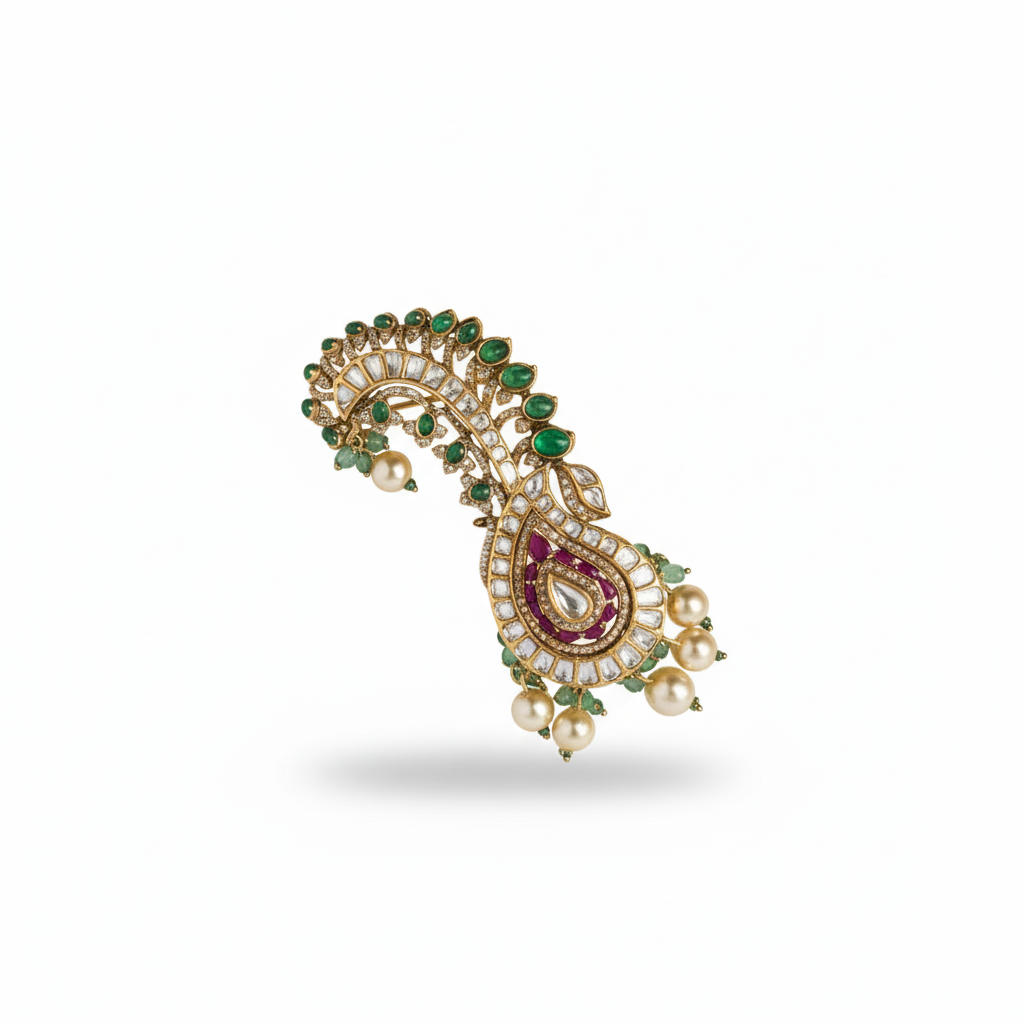 Green Kundan Polki Kalangi cum Brooch In Sterling Silver for him