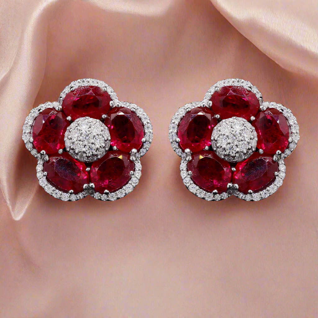 Lab-Created Gemstone Floral studs Earrings with Moissanite in 925 Silver