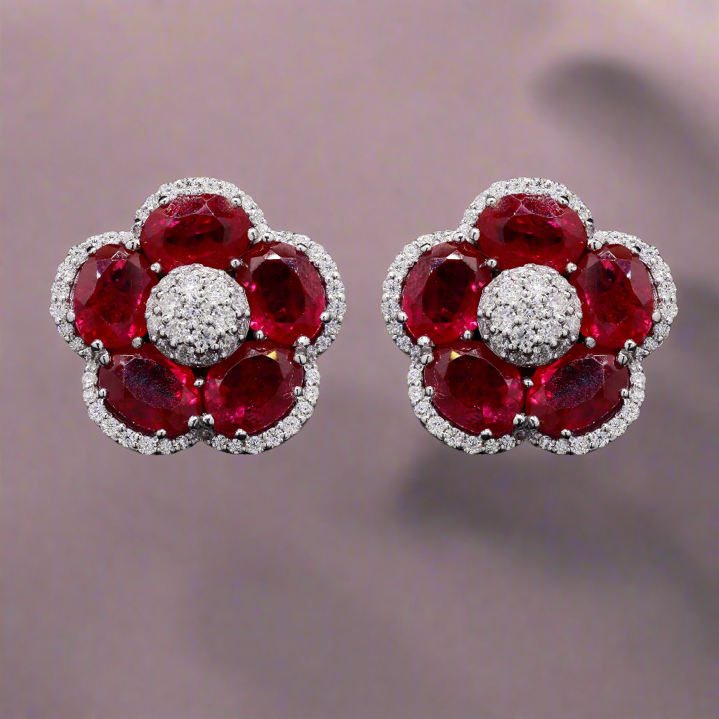 Lab-Created Gemstone Floral studs Earrings with Moissanite in 925 Silver