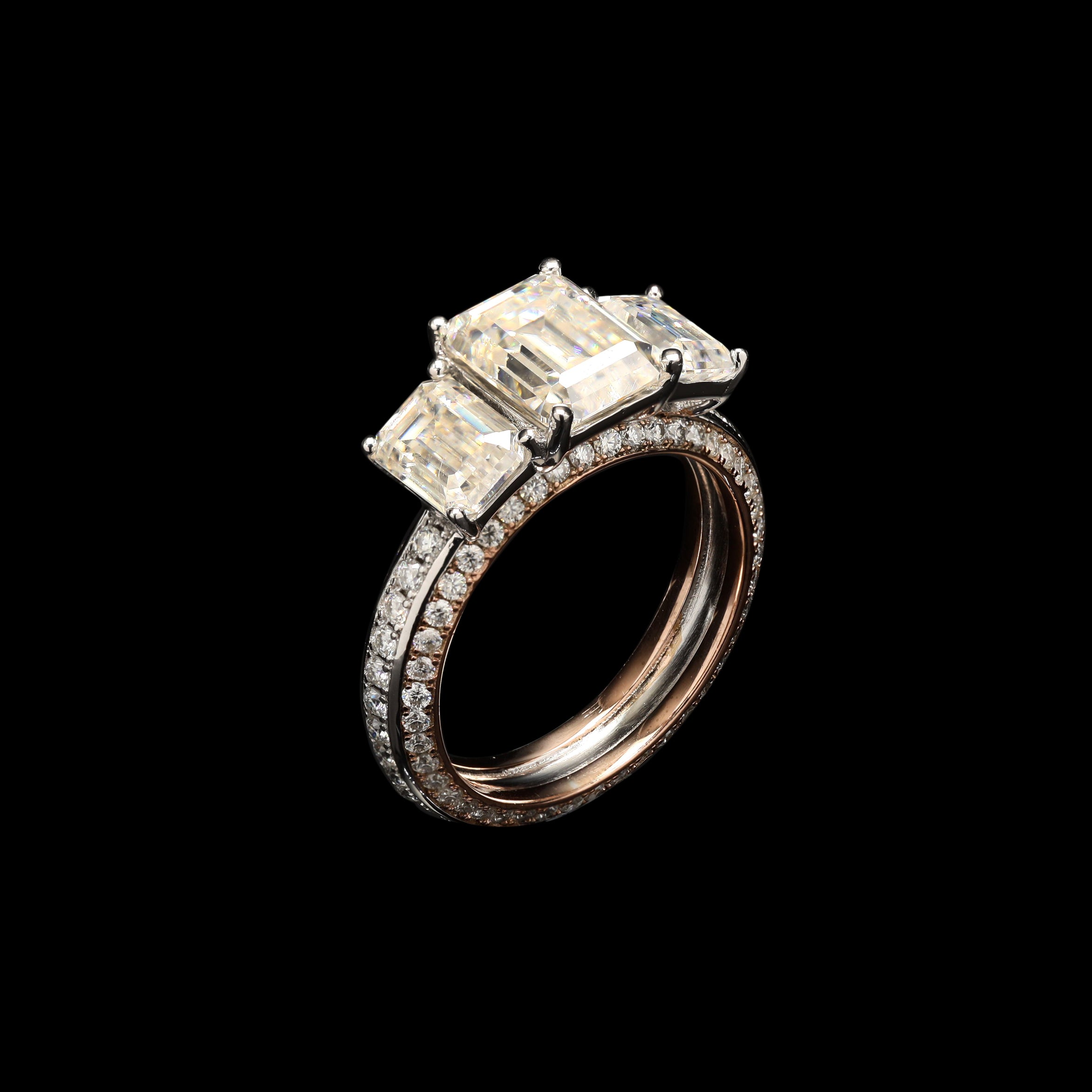 3 stone Engagement Emerald cut Ring with Moissanite in Sterling Silver