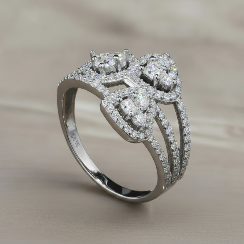 3 Stone Moissanite Heart Ring in Sterling Silver