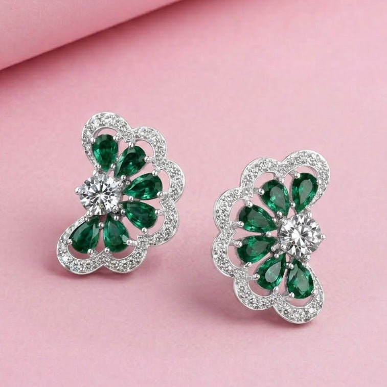 Lab Grown Emerald Demi-Bloom Studs Earrings in Sterling Silver with Moissanite