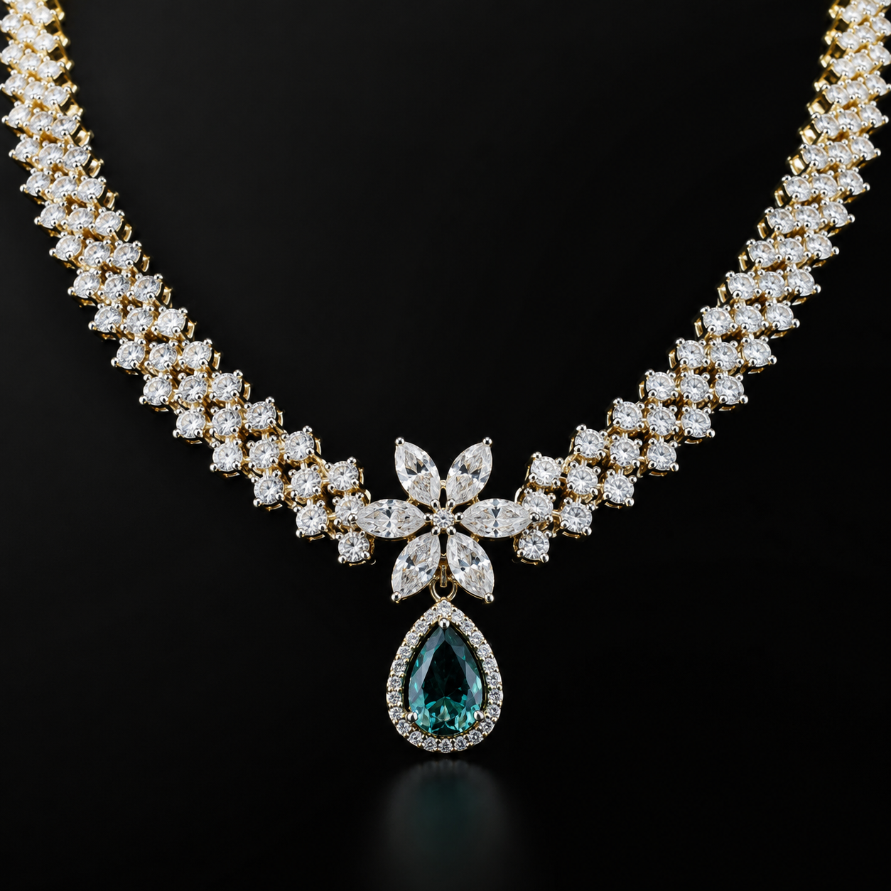 Lab Grown Emerald with Moissanite Floral Drop Necklace Set in Silver, Perfect for wedding