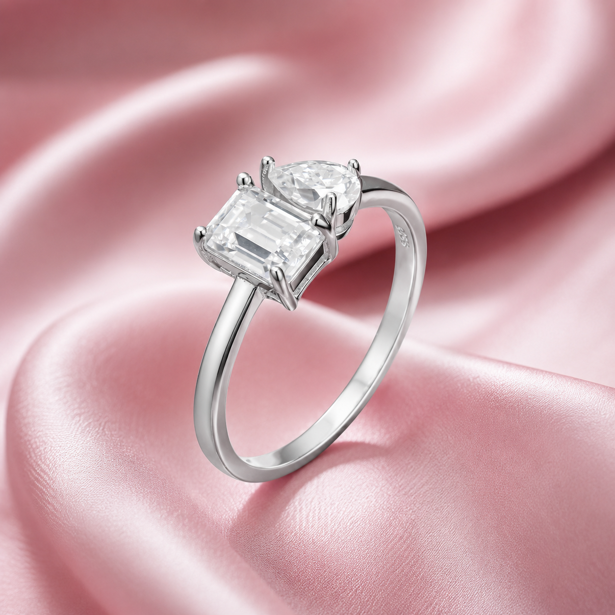 Moissanite Pear and Emerald Toi Et Moi Ring in Sterling Silver