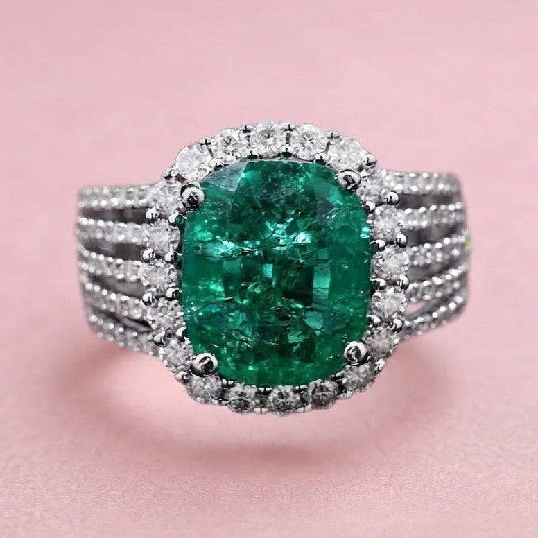 Emerald Glow Lab Grown Emerald & Moissanite Ring in 925 Silver