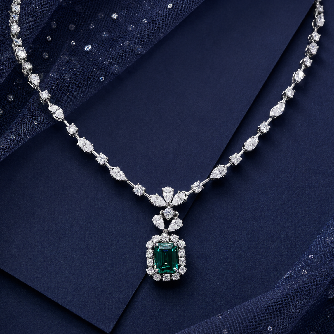 Classic Lab-Grown Emerald Necklace in Sterling Silver with Moissanite
