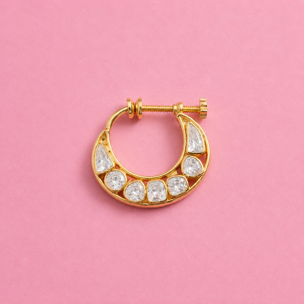 Royal Bridal Screw Nath with Moissanite Polki in 925 Sterling Silver, Gold Rhodium Coated
