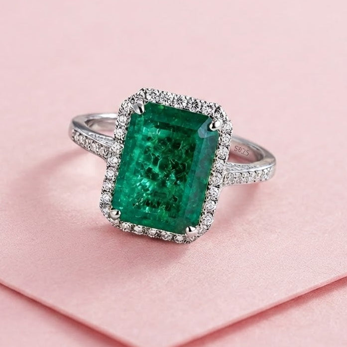 Lab Grown Emerald & Moissanite Fancy Ring in 925 Sterling Silver