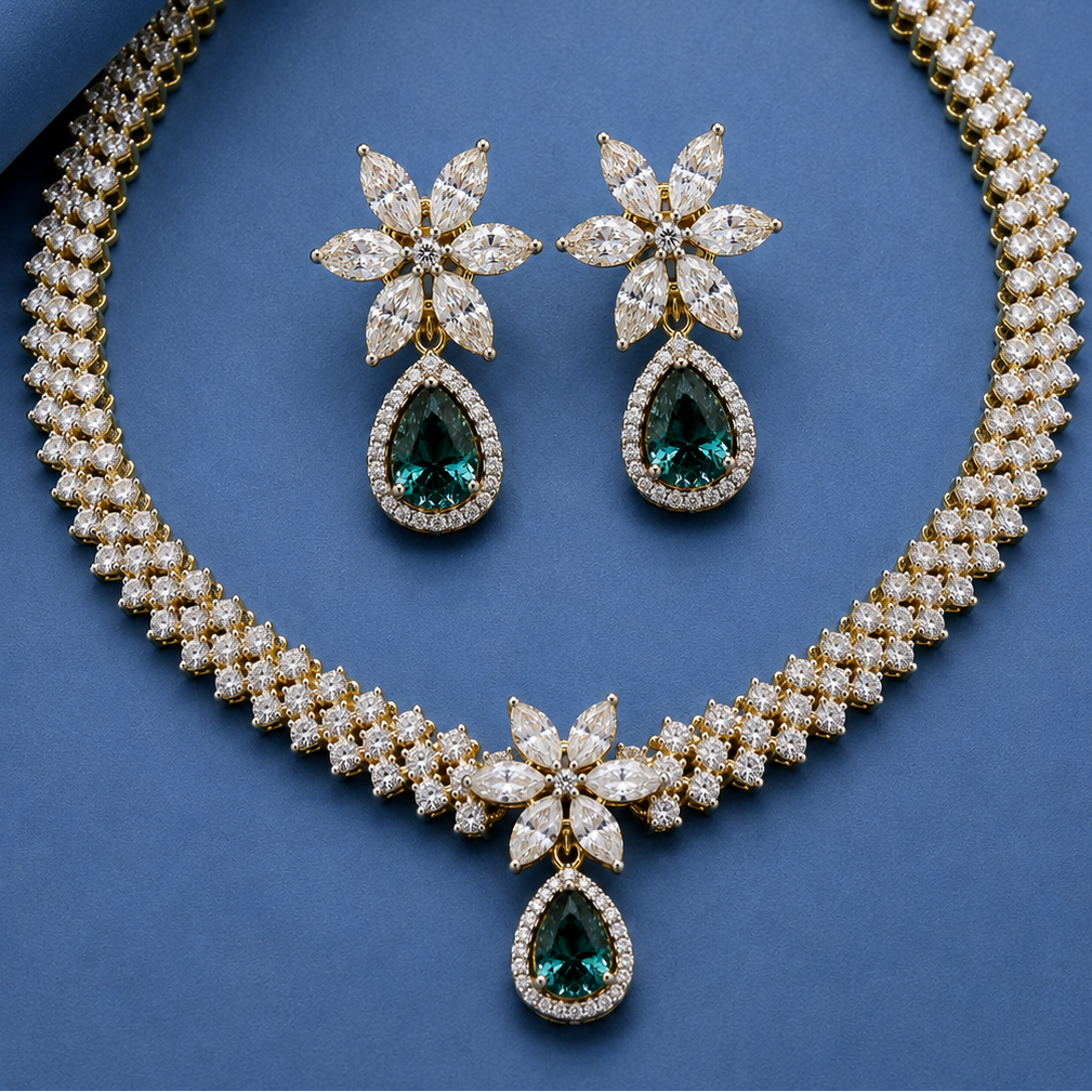 Lab Grown Emerald with Moissanite Floral Drop Necklace Set in Silver, Perfect for wedding