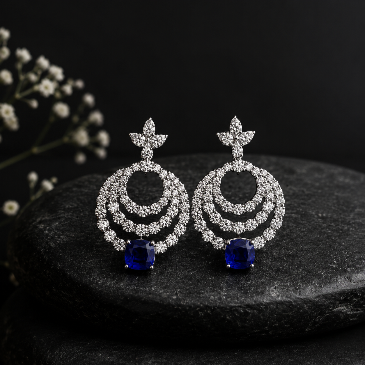 Triple Halo Statement Earrings in Sterling Silver with Moissanite