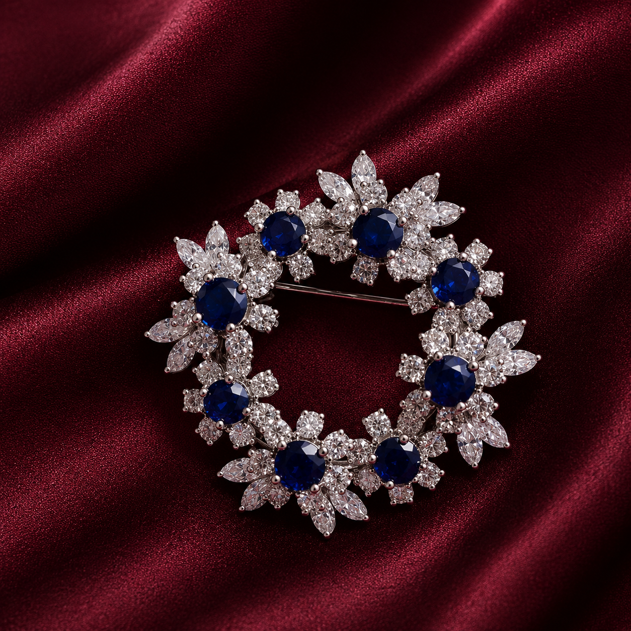 Round Blue Stone Moissanite Brooch for Men in Sterling Silver