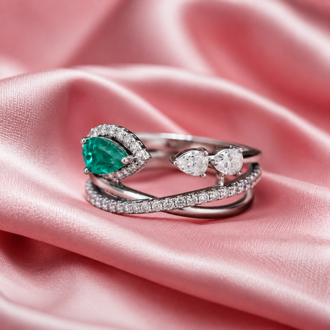 Lab Grown Emerald Pear with Moissanite in Sterling Silver Ring