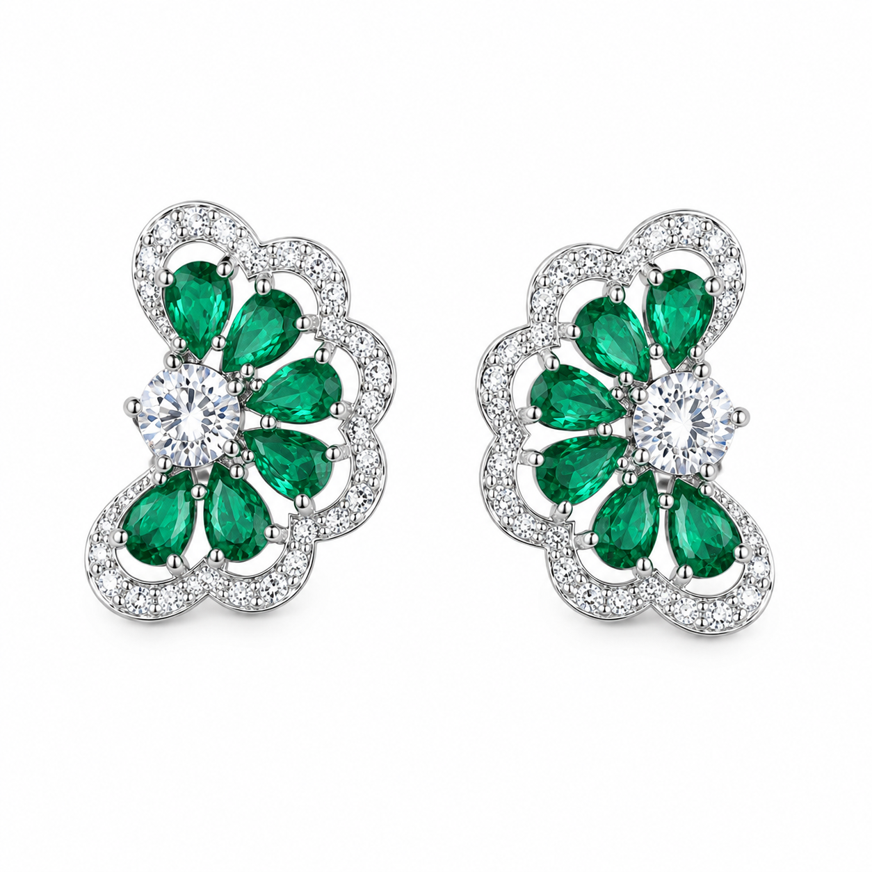 Lab Grown Emerald Demi-Bloom Studs Earrings in Sterling Silver with Moissanite