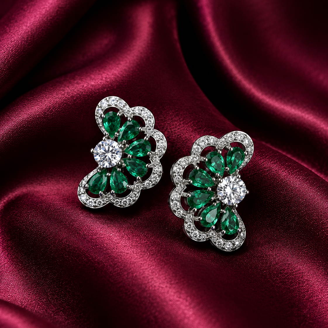 Lab Grown Emerald Demi-Bloom Studs Earrings in Sterling Silver with Moissanite