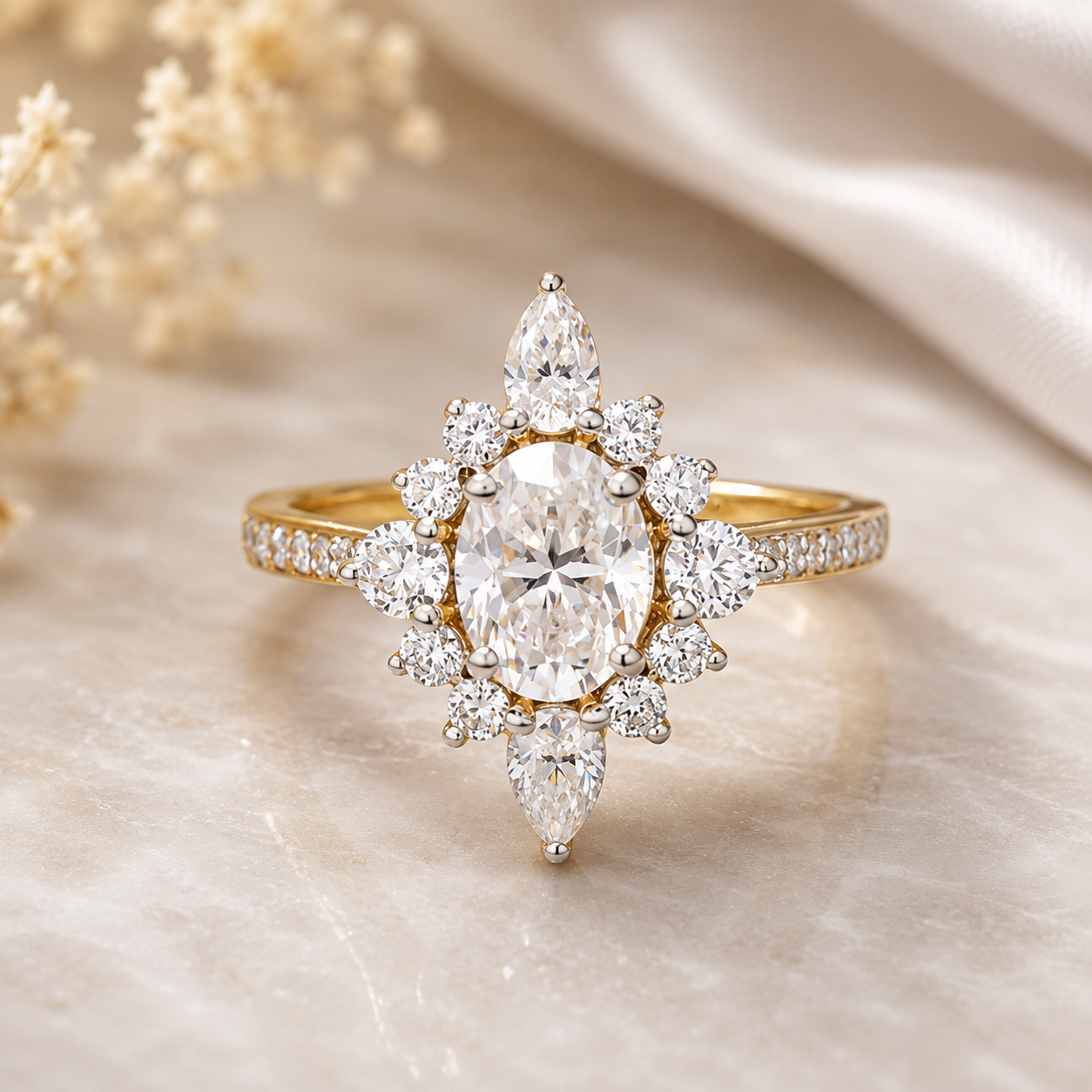 Sunburst Sunflower Engagement Ring with Moissanite in Sterling Silver