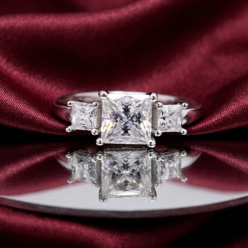 3 stone Princess cut Engagement Ring in Moissanite and Sterling Silver