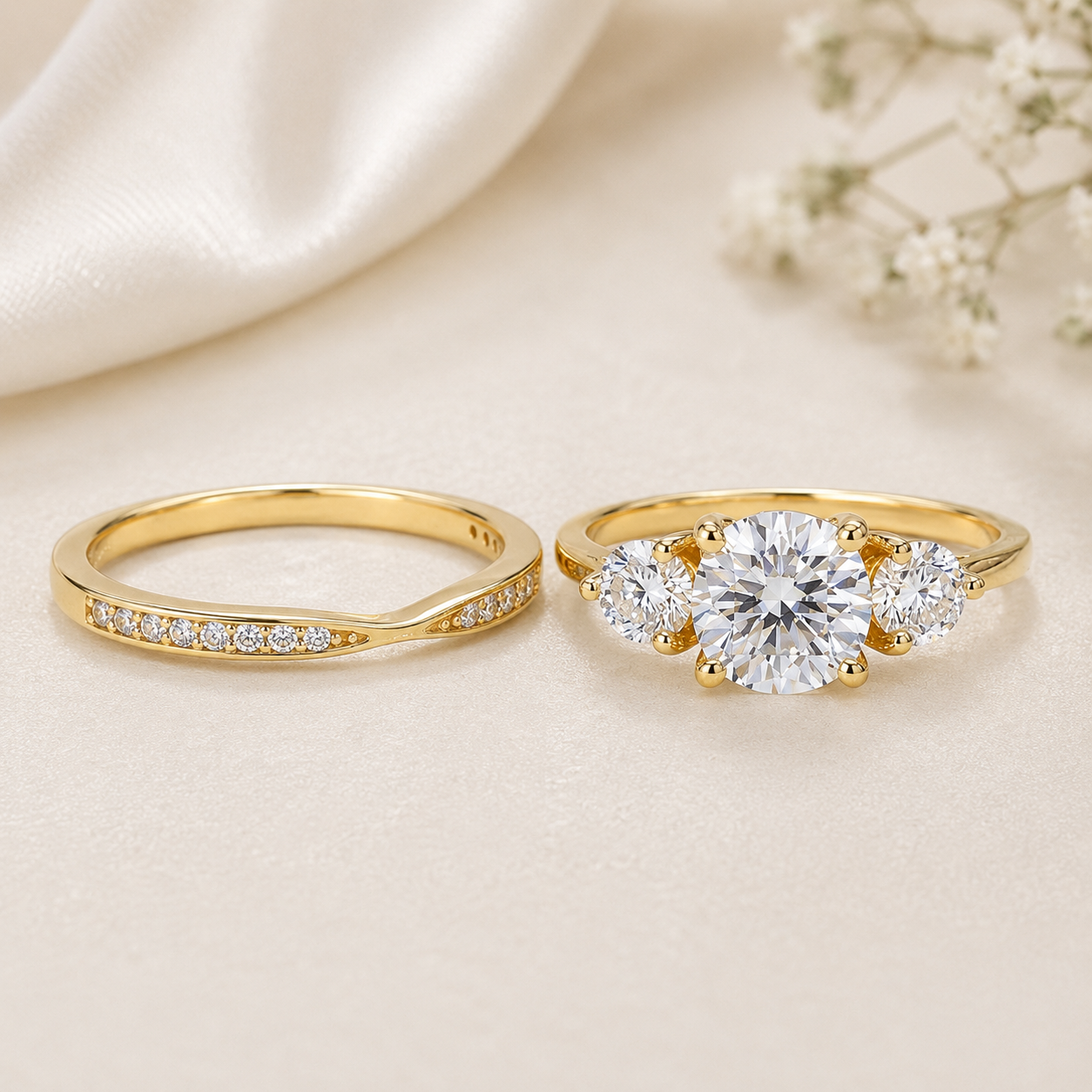3 Stone Engagement Ring WIth a Band, Moissanite in Sterling Silver