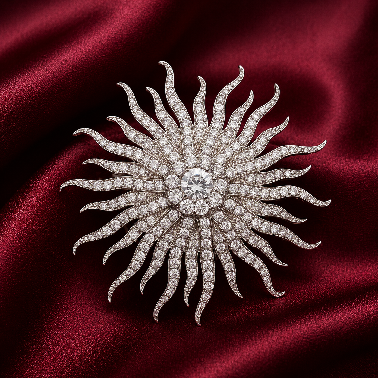 Sun Brooch in 925 Sterling Silver with Moissanite Stones