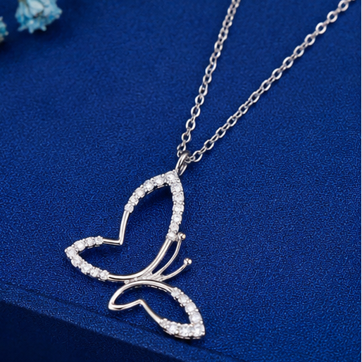 Cute Butterfly Pendant in Sterling Silver with Moissanite