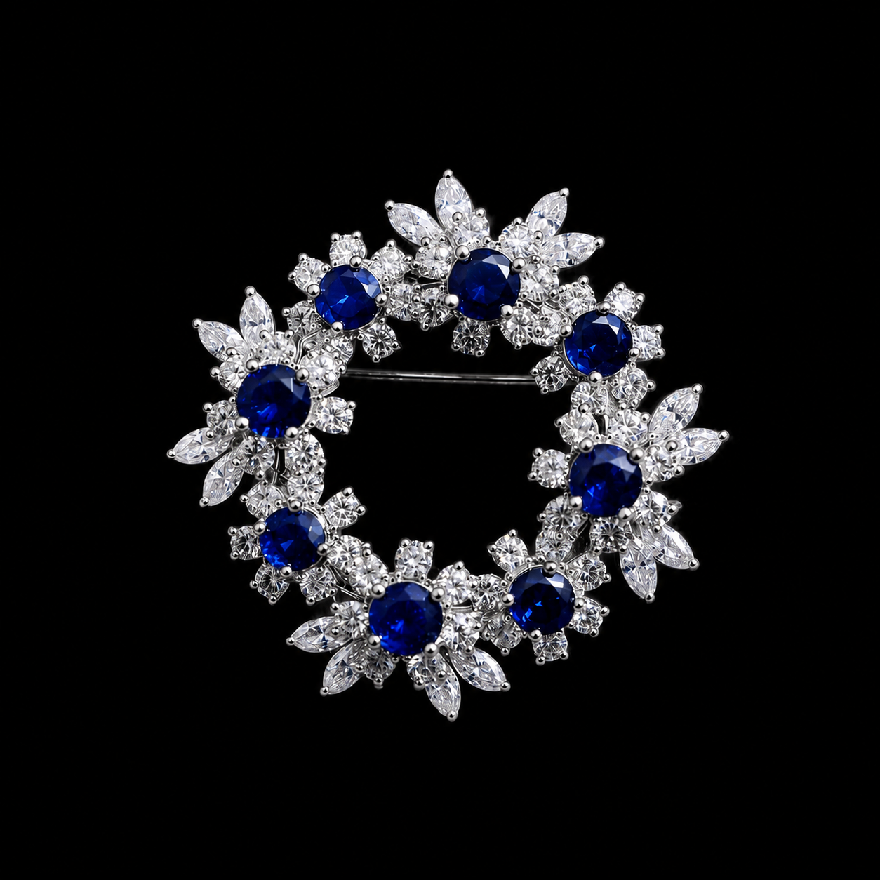 Round Blue Stone Moissanite Brooch for Men in Sterling Silver