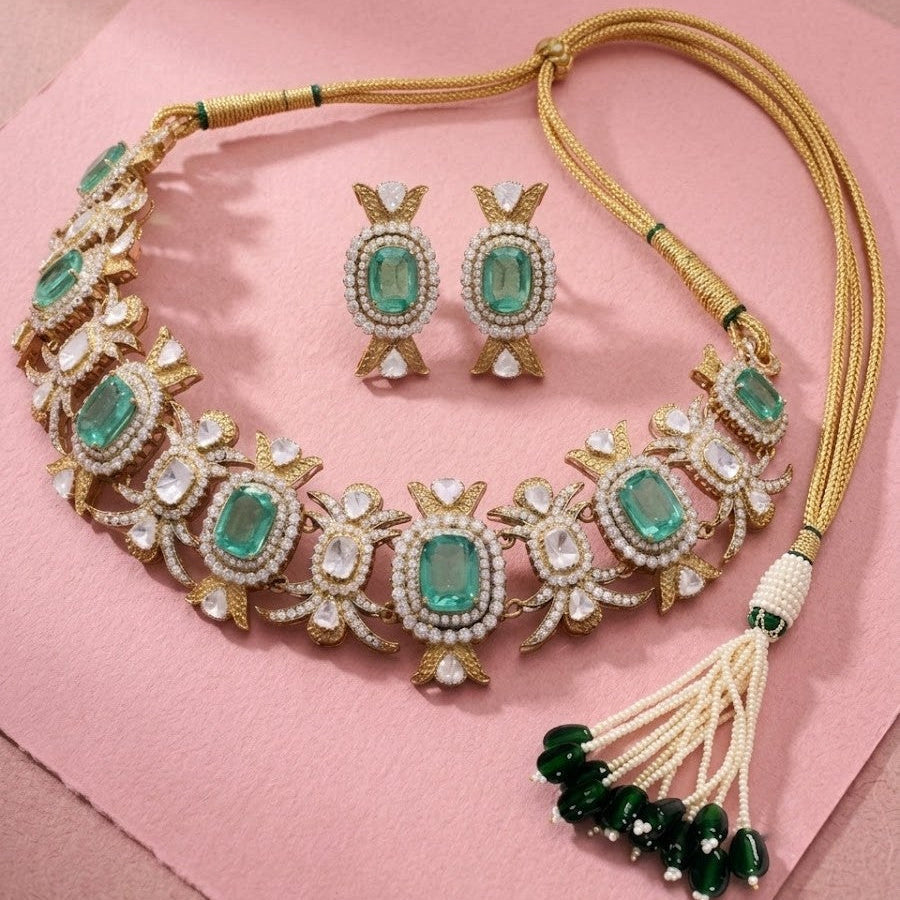 925 Silver Victorian Bridal Moissanite with Lab Grown Emeralds & Polki Necklace