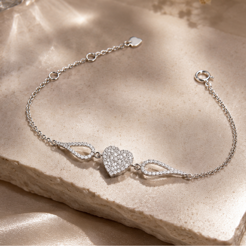 Luxe Heart Adjustable Bracelet in Sterling Silver with Moissanite