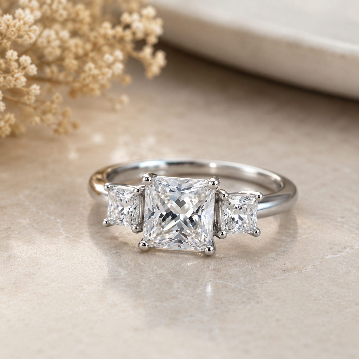 3 stone Princess cut Engagement Ring in Moissanite and Sterling Silver