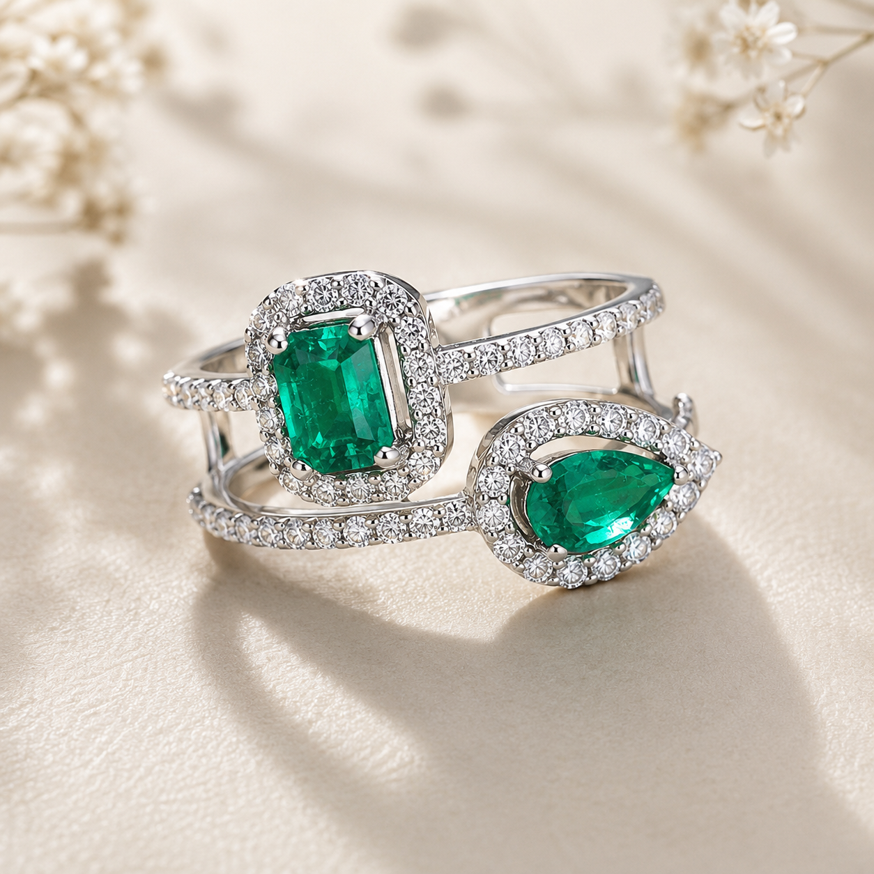 Lab Grown Emerald Baguette Ring in Sterling Silver with Moissanite