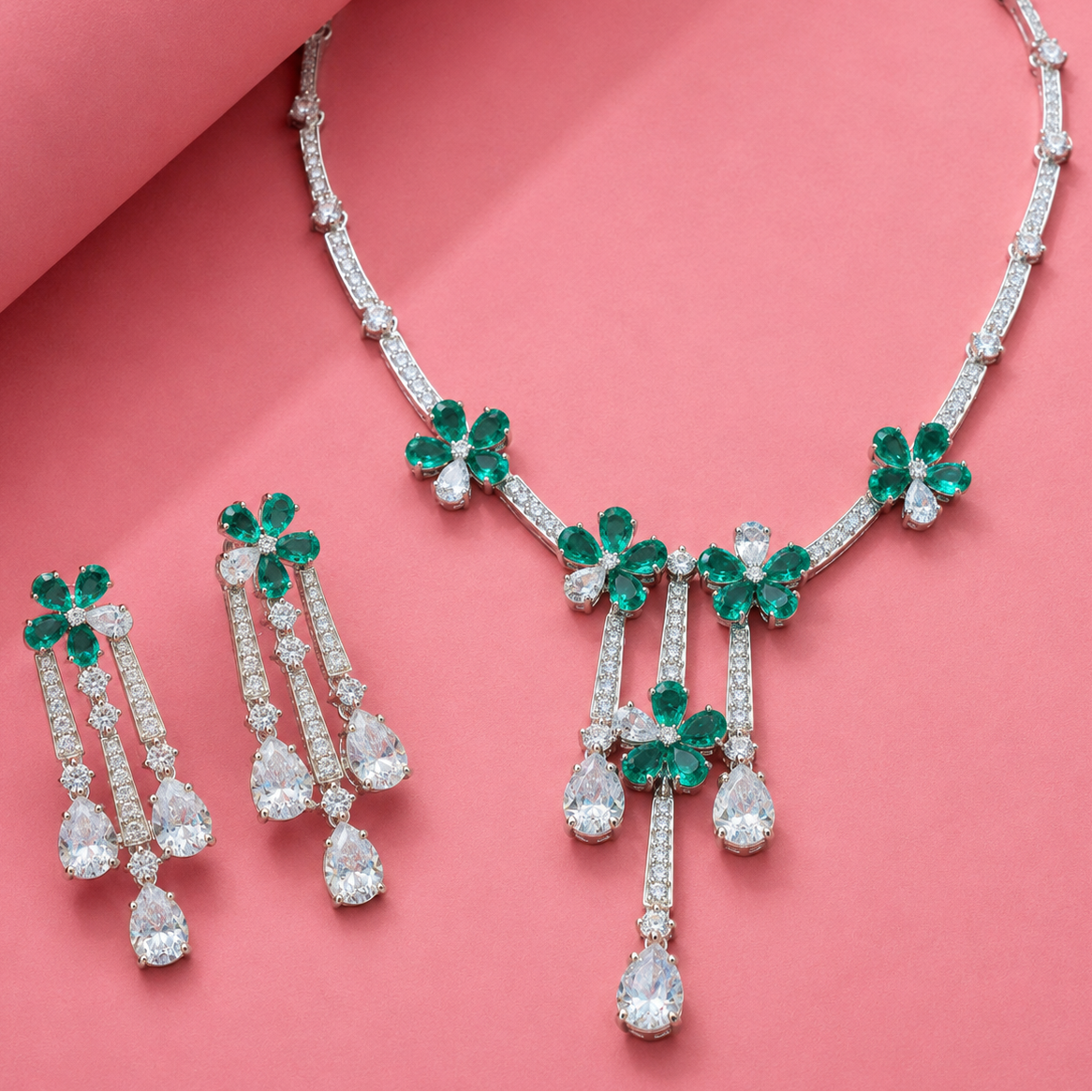 Lab Grown Emerald Floral Drop Necklace Set with Moissanite in  Silver