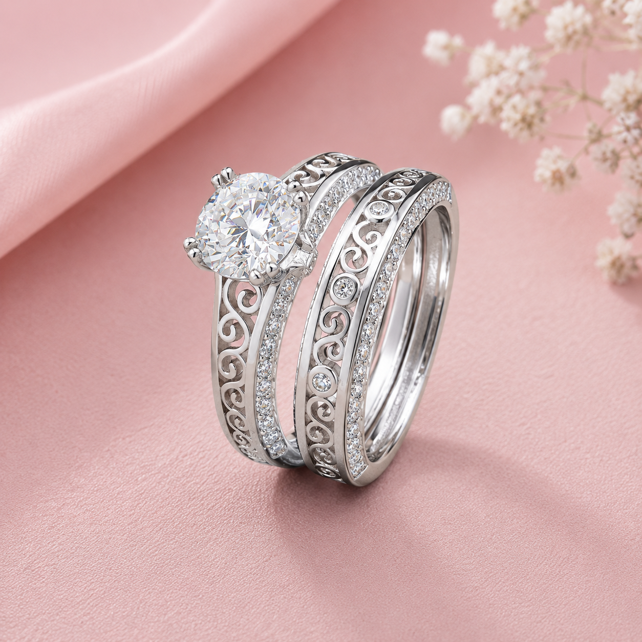 Elegant design Filigree Engagement Ring with Moissanite in Sterling Silver