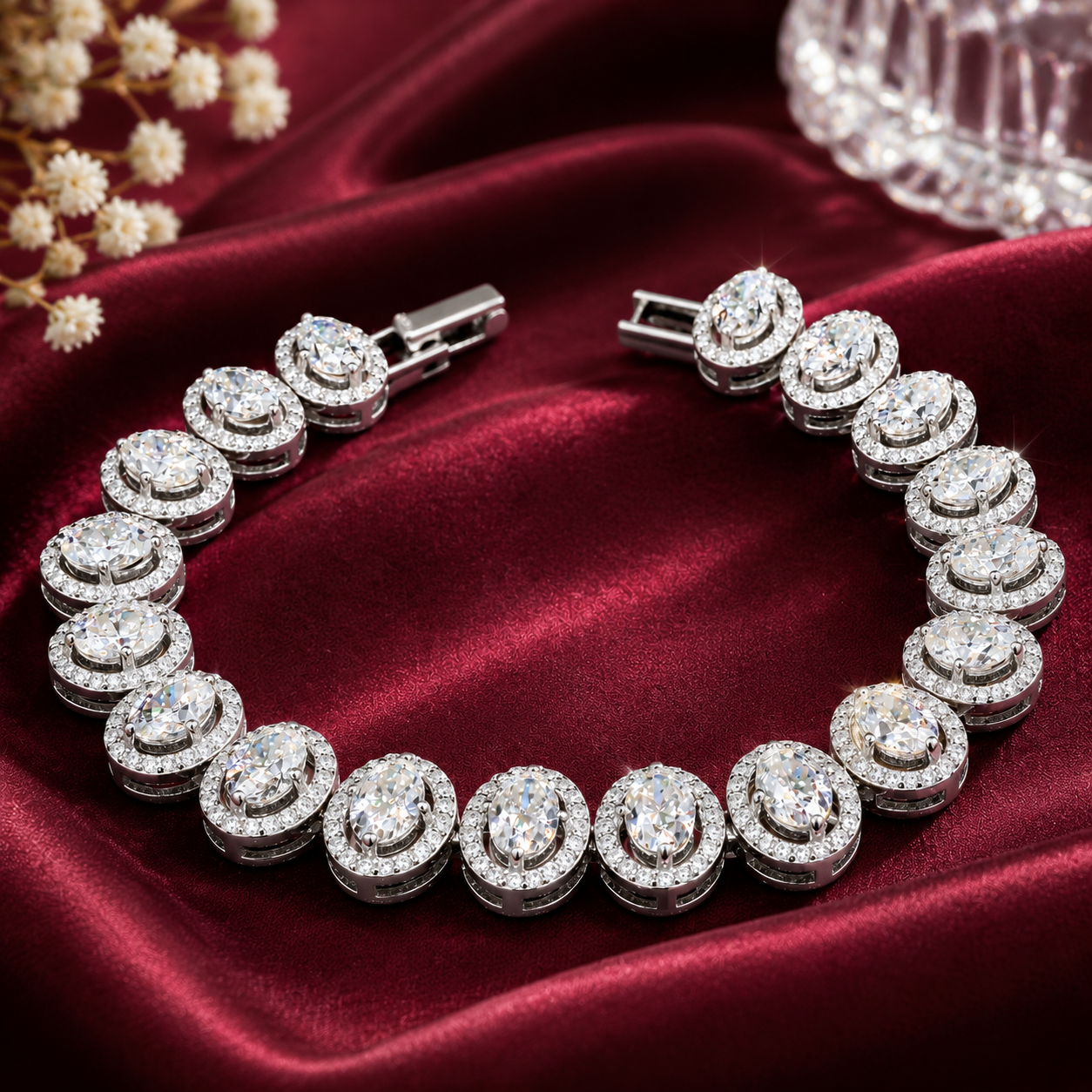 925 Silver Seraphina Oval Halo Moissanite Tennis Bracelet in Moissanite Diamond