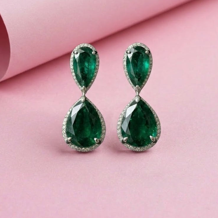 Linked Lab Grown Emerald Pears Earrings in Sterling Silver with Moissanite