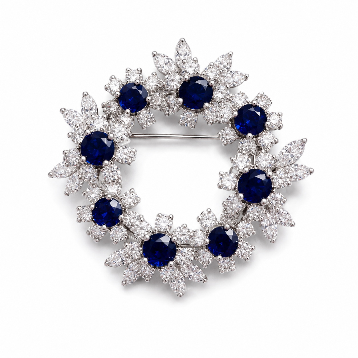 Round Blue Stone Moissanite Brooch for Men in Sterling Silver