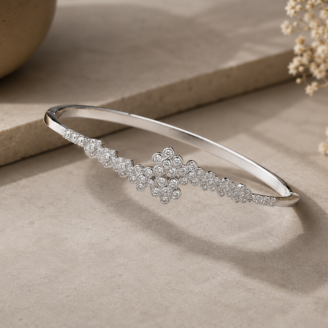 Flower Shaped Moissanite Bracelet kada in 925 Silver