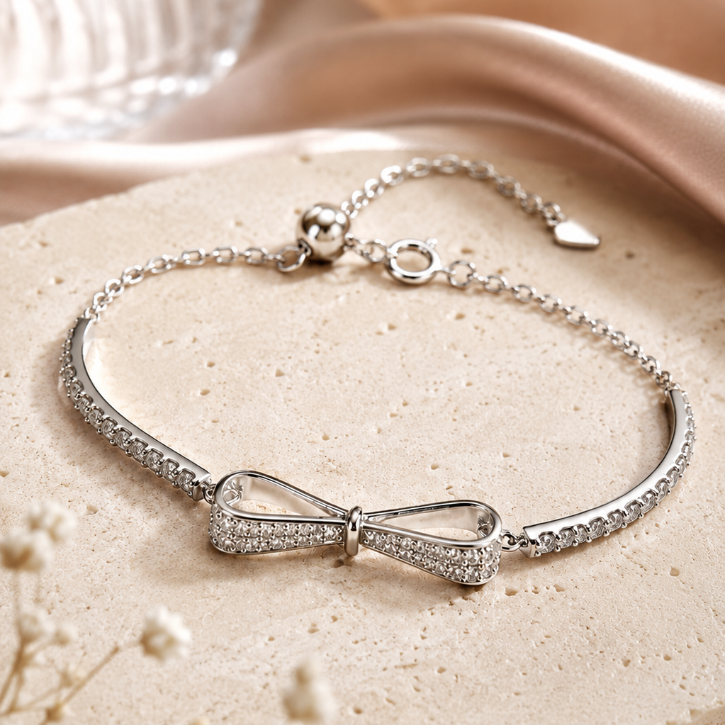 Celeste Bow Adjustable Moissanite Bracelet in Sterling Silver
