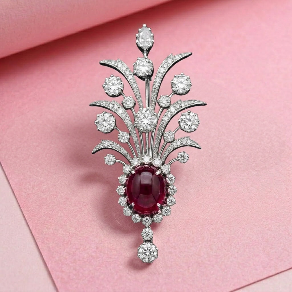 Statement Lab Grown Gemstone with Moissanite Diamond Brooch + Kalangi in 925 Silver