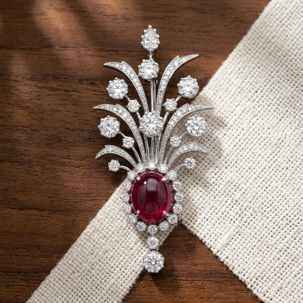 Statement Lab Grown Gemstone with Moissanite Diamond Brooch + Kalangi in 925 Silver