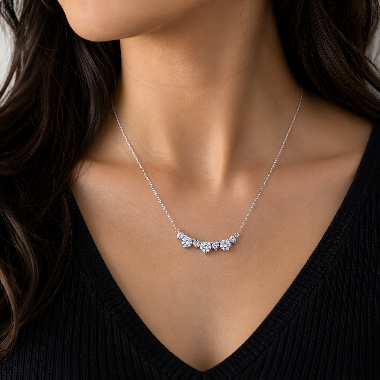 Eternity Round Moissanite Diamond Pendant Chain in Silver with Moissanite